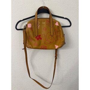 Fossil Sydney Love Tan Leather Satchel With Pink Heart Details & Adjustable Stra